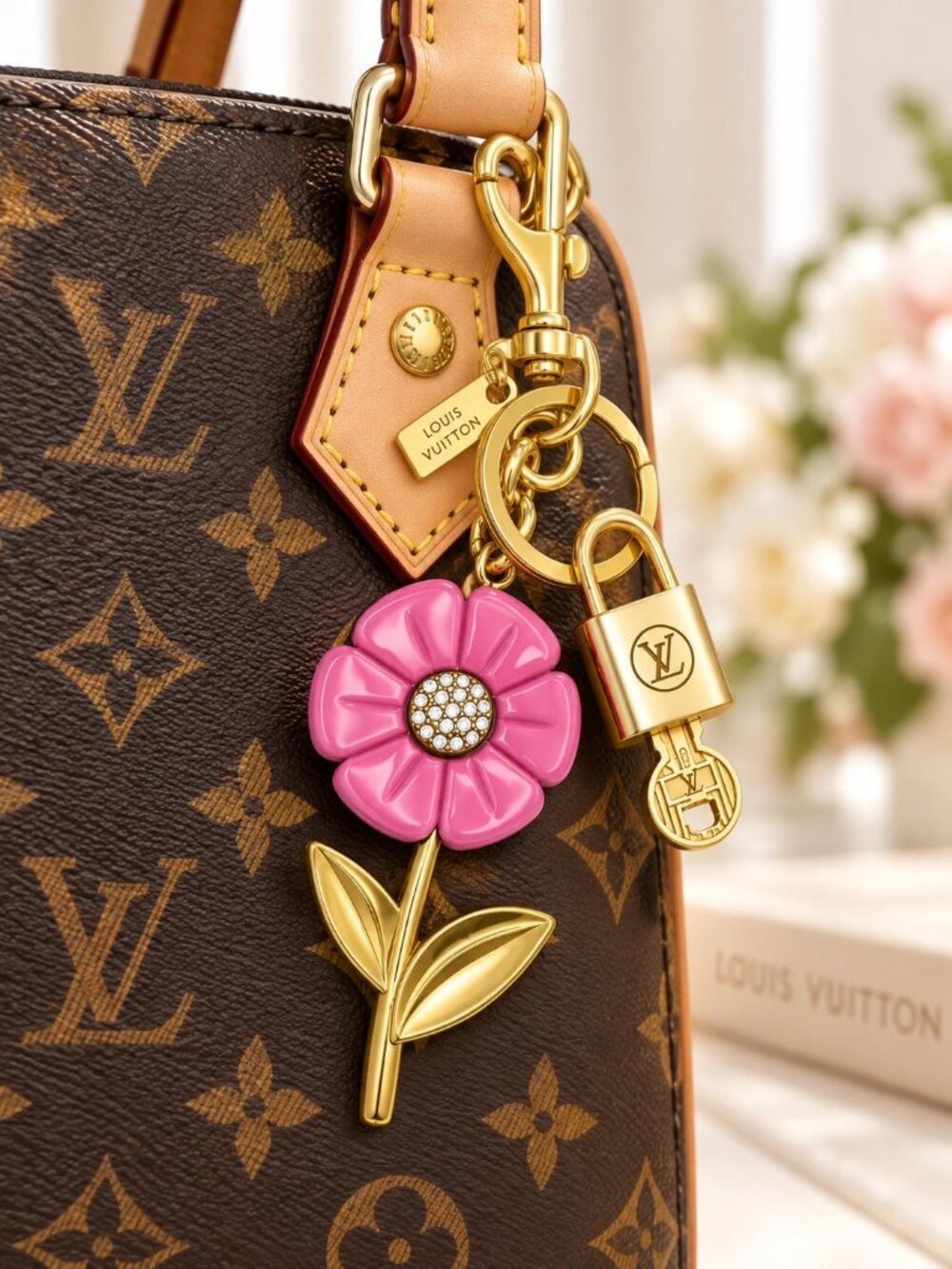 Authentic LV Louis Vuitton Gold Lock & Key 🔑 Unbranded Flower Keychain Charm
